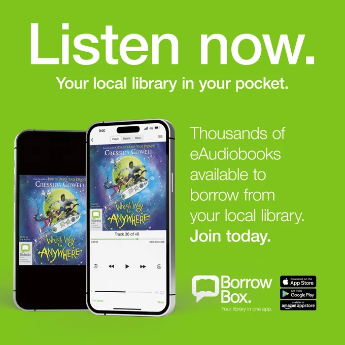 Listen now. Your local library in your pocket.
Tablet and mobile phone playing eaudiobook of Which Way to Anywhere by Cressida Cowell 