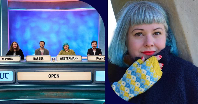 Left image: Team Open on University Challenge. Right image: A photo of Karie Westermann