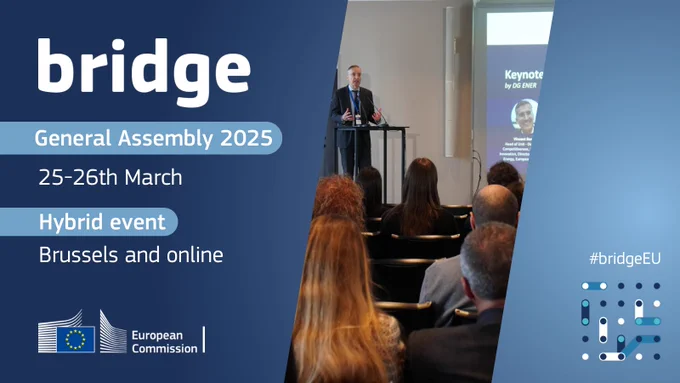 bridge general assembly 2025 on 25-26 March. Hybrid event in Brussels and online. Blue background and a photo from a previous bridge event. 
