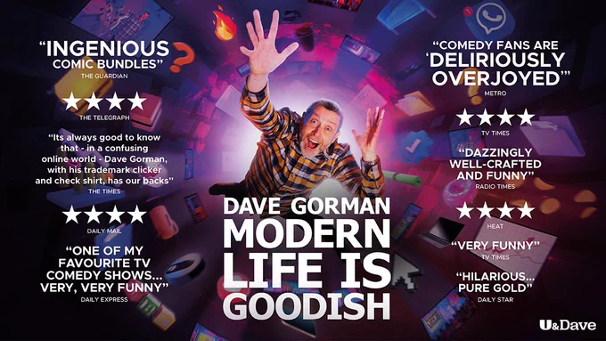 Publicity shot for the new episodes of Modern Life Is Goodish adorned with quotes from various reviews