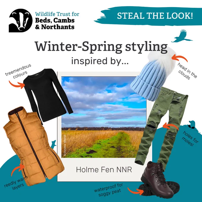 A photograph of Holme Fen NNR surrounded by clothes items that match colours in the image. Brown t-shirt 'treemendous clours', orange gilet 'reedly warm layers', green jeans 'holes for moles', brown boots 'waterproof for soggy peat', blue hat 'head in the clouds'. 
