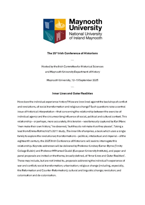 Page one of Call for Papers for the 35th Irish Conference of Historians 