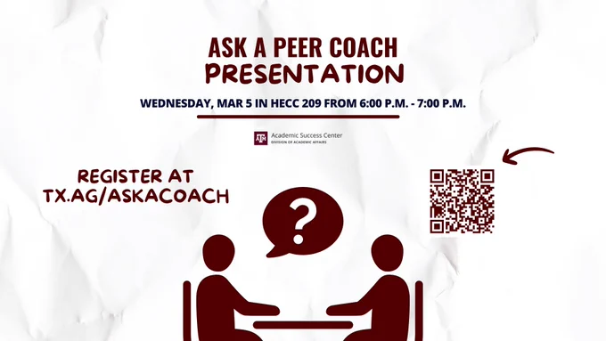 A graphic flyer for the Ask a Peer Coach presentation.