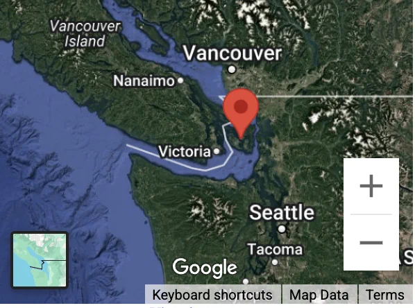 Map showing the location of this morning's M4.6 earthquake near Orcas Island and 45 km ENE of Victoria.