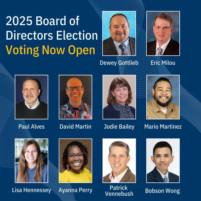 2025 Board of Directors Election; Voting Now Open; Featuring photos of ten candidates arranged in a grid format. The candidates' names appear below their photos. Top row: Dewey Gottlieb, Eric Milou. Middle row: Paul Alves, David Martin, Jodie Bailey, Mario Martinez. Bottom row: Lisa Hennessey, Ayanna Perry, Patrick Vennebush, Bobson Wong.