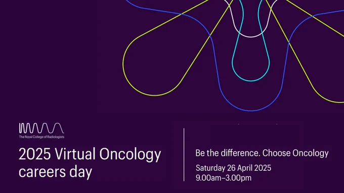 Promotional graphic for the 2025 Virtual Oncology Careers event by The Royal College of Radiologists, featuring abstract neon lines on a dark purple background. Details include event date: Saturday 26 April 2025 from 9:00 AM to 3:00 PM, with the tagline 'Be the difference. Choose Oncology.'