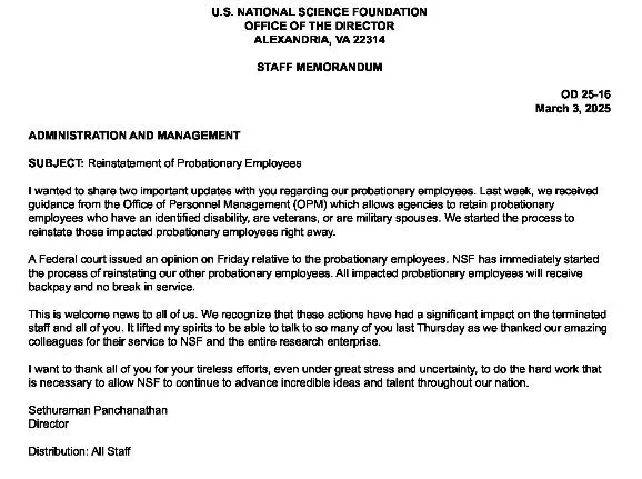 Email from NSF director to all staff saying that all fired probationary employees will be rehired, per last week's court order.
