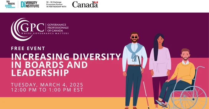 Promotional graphic for Increasing Diversity in Boards and Leadership event on Tuesday, March 4, 2025.