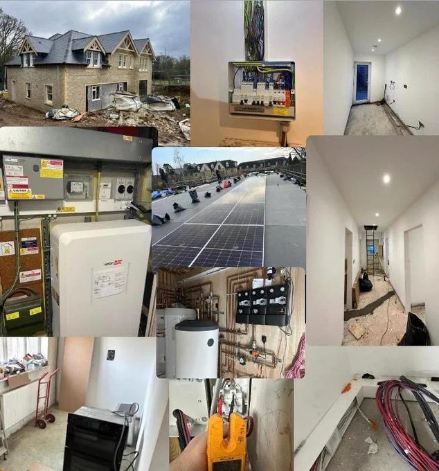 Pictures of various electrical work including first and second fix, and solar PV