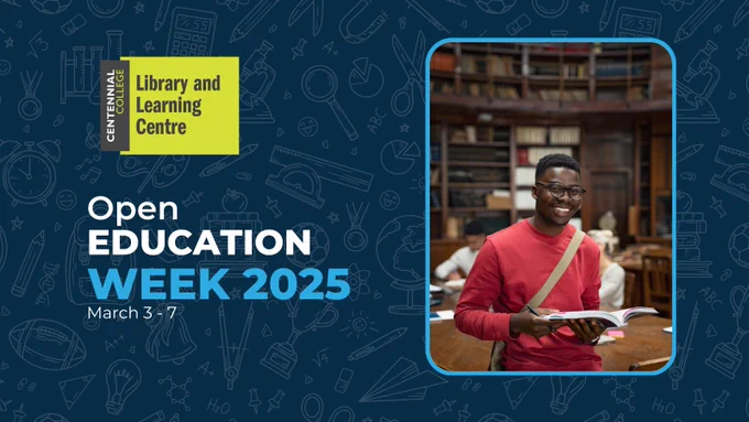 Student in library, smiling at camera, holding open textbook. Centennial College Library and Learning Centre. Open Education Week 2025, March 3-7