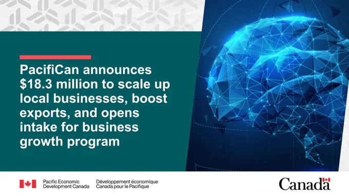 A ploygon image of a brain. Text reads: PacifiCan announces $18.3 million to scale up local businesses, boost exports, and opens intake for business growth program. 