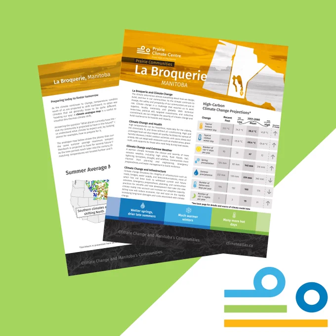 Two pages of the Rural Municipality reports overlapping each other, from the community of La Broquerie. They are on a green background, with the Prairie Climate Centre logo in the corner.
