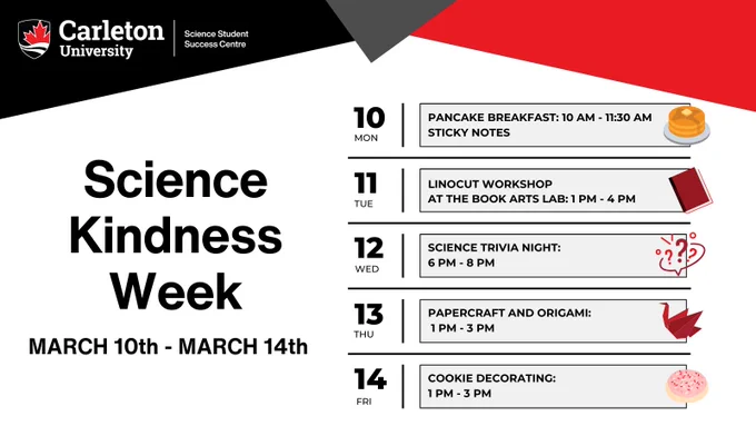 Poster with text. Upper left corner shows Carleton University | Science Student Success Centre logo. Text reads: Science Kindness Week: MARCH 10TH - MARCH 14TH. 10 Mon: Pancake Breakfast 10 AM - 11:30 AM. Sticky Notes. 11 Tue: Linocut Workshop at the Book Arts Lab: 1 PM - 4 PM. 12 Wed: Science Trivia Night: 6 PM - 8 PM. 13 Thu: Papercraft and Origami: 1 PM - 3 PM. 14 Fri: Cookie Decorating: 1 PM - 3 PM.