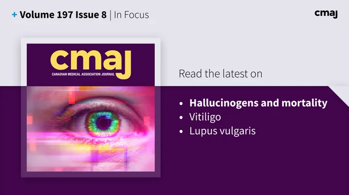 Text: New articles on hallucinogens and mortality, vitiligo, lupus vulgaris, and more in Volume 197, Issue 8 of the CMAJ.
Image: Eye with colorful iris with glitch and noise effects applied to the image