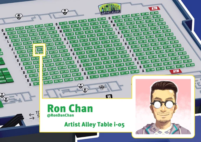 Map of Artist Alley showing my table location.