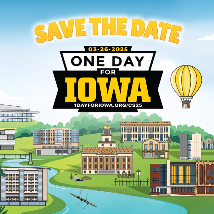 Save the Date image with stylized UIowa Campus imagery, ODFI logo, and 1dayforiowa.org/cs25 direct giving link.