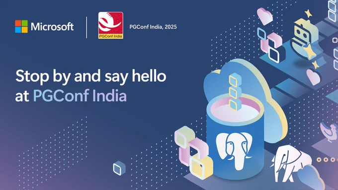 A promotional banner for PGConf India 2025, sponsored by Microsoft. The banner features the Microsoft logo, the PGConf India logo, and the text: 'Stop by and say hello at PGConf India.' The design includes an isometric illustration of a blue coffee mug with the PostgreSQL elephant logo, abstract data flow elements, a chatbot icon, floating hearts, and a stylized elephant graphic.