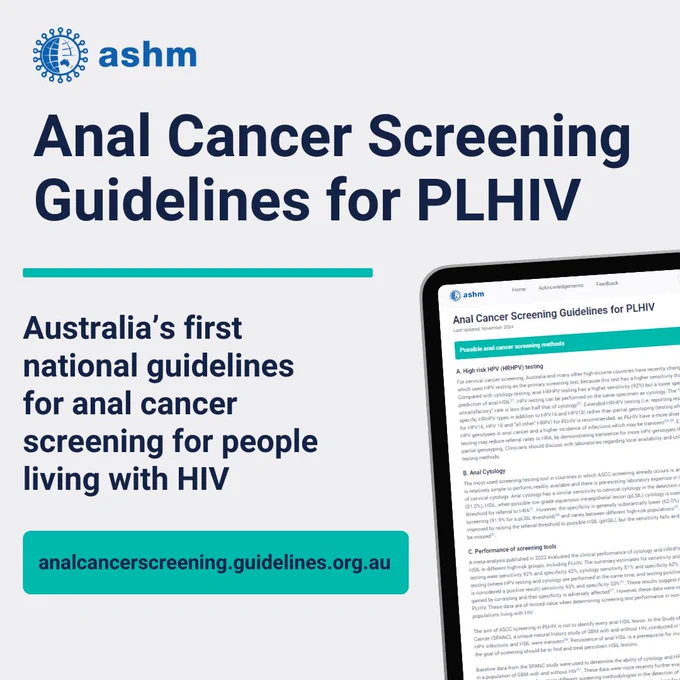 ASHM logo. Text reads: Anal Cancer Screening Guidelines for PLHIV. Australia’s first national guidelines for anal cancer screening for people living with HIV. Ipad with guidelines displayed on screen.