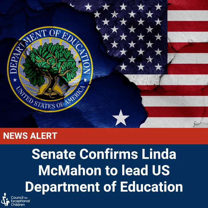 Blue background with red bar and a graphic of the American flag and the Department of Education logo. The text reads, "News Alert: Senate Confirms Linda McMahon to lead US Department of Education"