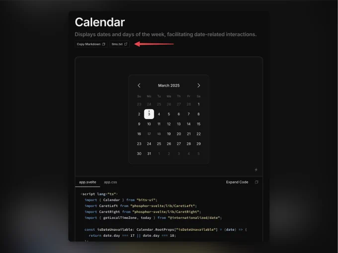 A screenshot of the Bits UI documentation page for the "Calendar" component. The page includes a "Copy as Markdown" button and "llms.txt" link highlighted with a red arrow.