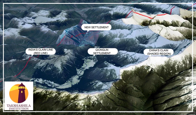 The map depicts India's claim line (Source: SOI) in red and China's claim area in shaded regions. Satellite observed Infrastructure developments suggests probable access exist to Chinese up to its claimed boundary in this disputed region. 