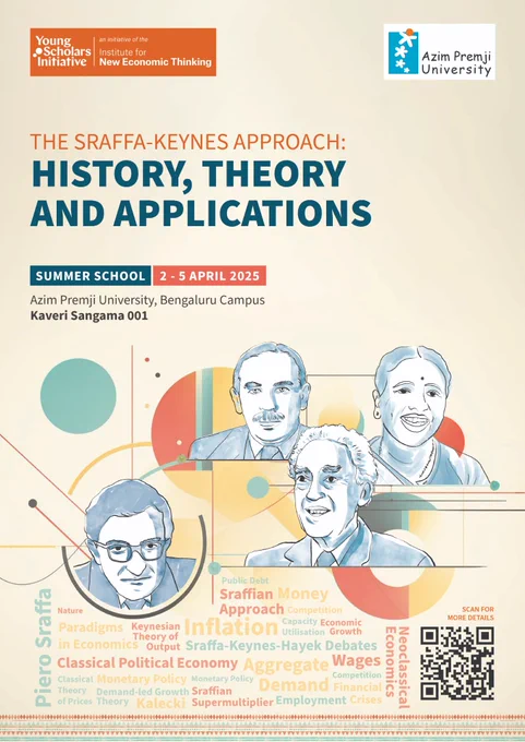 The images shown are of Sraffa, Keynes, Garegnani and Krishna Bharadwaj. The word cloud consists of Theory of Output, Sraffa-Keynes-Hayek debates, public debt, money, nature, wages, competition, inflation, Kalecki. 