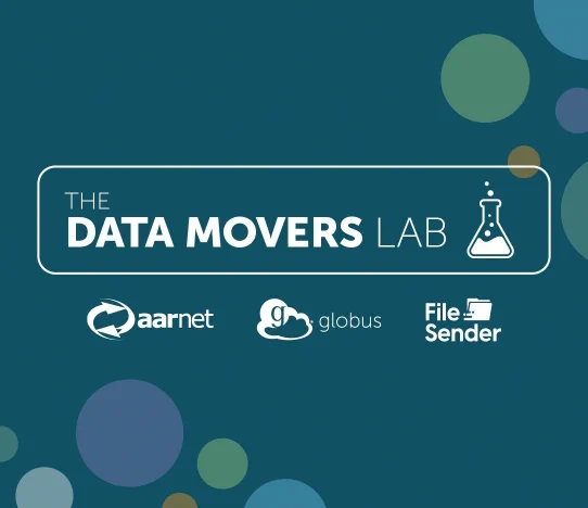 Infographic on blue background, which says 'The data movers lab'. Underneath this are the logos of AARNet, Globus and FileSender.