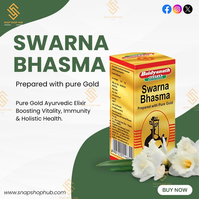 A close-up shot of the Baidyanath Swarna Bhasma packaging. The container is elegantly designed with golden accents and vibrant branding. The label prominently highlights that it contains 125mg of pure gold and is an Ayurvedic preparation. The container is placed on a serene backdrop with elements of nature, such as fresh green leaves and traditional Ayurvedic herbs, symbolizing the natural and holistic wellness benefits of the product. The overall aesthetic of the image conveys purity, luxury, and the promise of enhanced vitality and health.