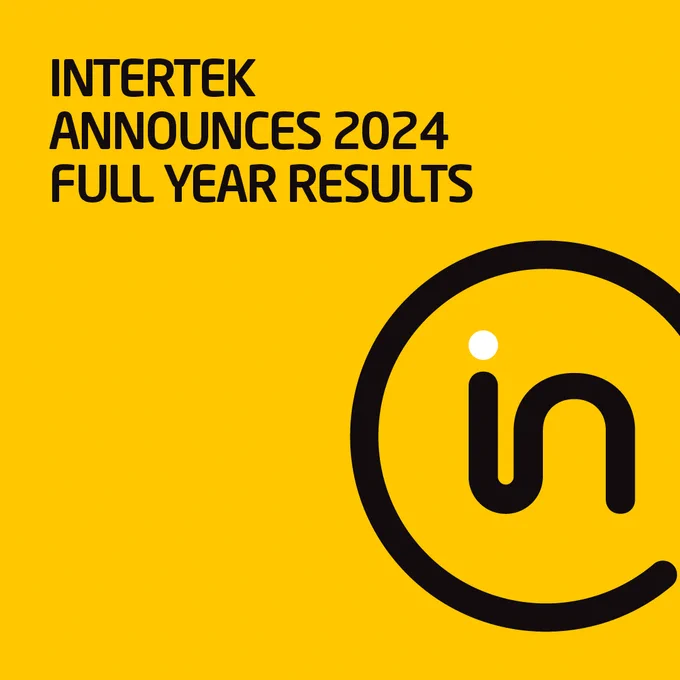 Intertek announces 2024 full year results on a yellow background with the Intertek logo.