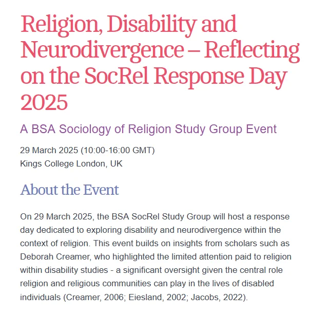 ‘Addressing the voices and experiences of disabled and neurodivergent individuals within religious contexts is essential’ – book now for ‘Religion, Disability and Neurodivergence’ a @BSASocrel event, 29 March, Kings College London  https://tinyurl.com/5fhstycw