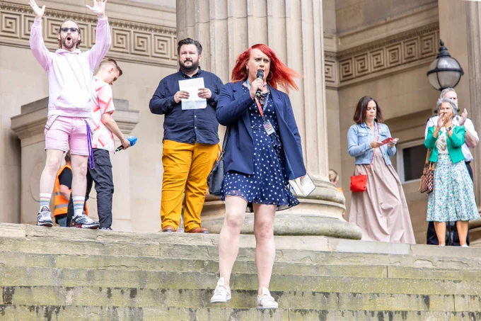 Amanda Hilton speaks on the steps of St George's Hall.