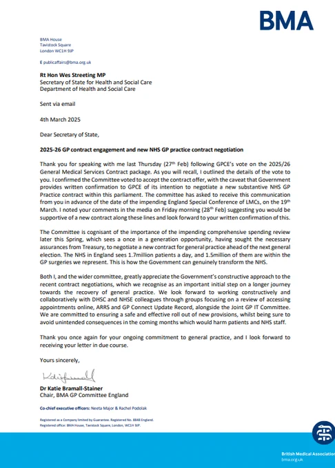 Letter from GPC chair Katie Bramall-Stainer to the Secretary of State Wes Streeting on the 2025-26 contract engagement and new NHS GP practice contract negiotiation
