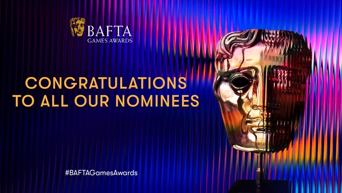 Graphic of the BAFTA Games Awards mask on the right hand side of the screen. On the top, middle left the BAFTA Games Awards logo is located. The background is a blue, pink, red, and orange ripple. 