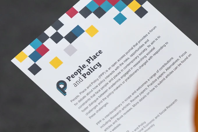 A People, Place and Policy leaflet featuring key information about the journal, including purpose and scope.