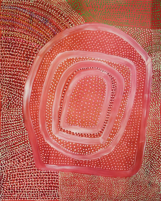[ID] Artwork by Yindjibarndi artist Alice Guiness, featuring dot painting on a burgundy backdrop.