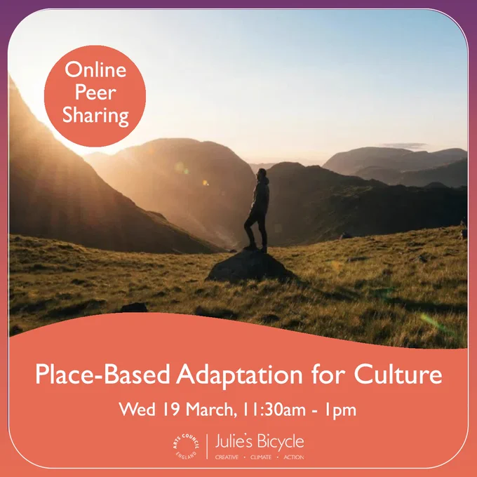 A person stands in a landscape surrounded by hills. The text reads - online peer sharing - Place-Based Adaptation for Culture. Wed 19 Mar, 11:30am-1pm.