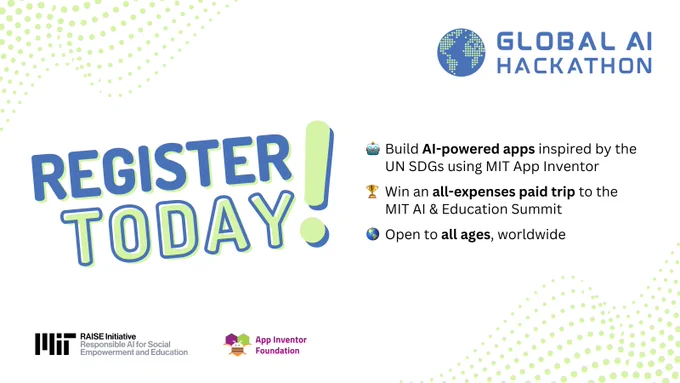 Illustration promoting the "Global AI Hackathon" with bold text saying "REGISTER TODAY!" and a globe logo featuring dots in place of land. Other information is the same as the caption.