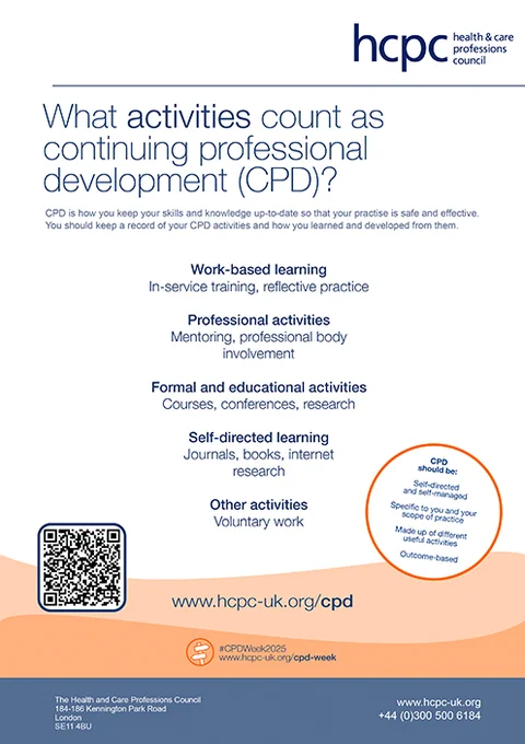 Poster with the CPD Week information and information about what activities count as CPD. There is the HCPC logo in the top right, and a QR code in the lower left. 