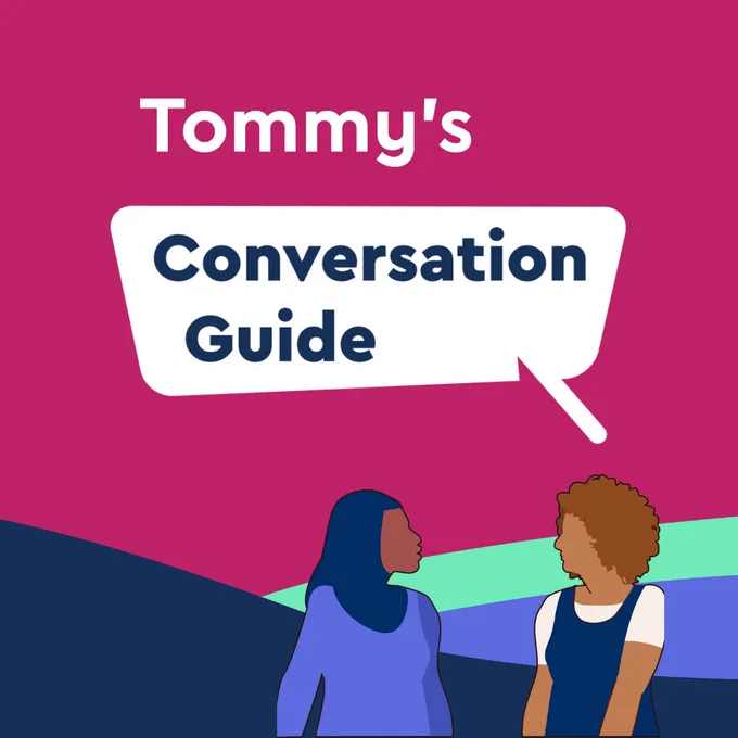 Promotional graphic for Tommy’s Conversation Guide, featuring two people facing each other against a colorful background.