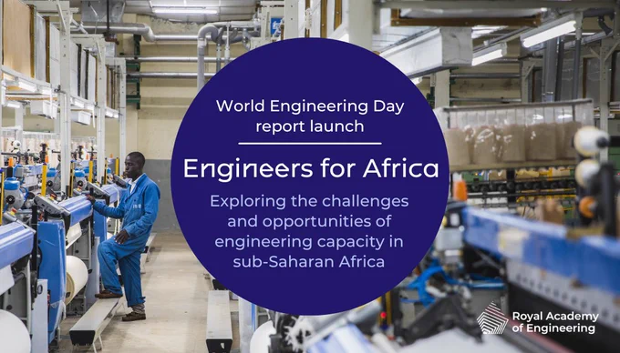 Person working at a control panel in an industrial facility with text overlay promoting the Royal Academy of Engineering's World Engineering Day report launch titled 'Engineers for Africa'.