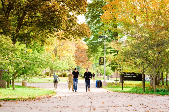 Five students walk and talk on campus sidewalk in the center of the frame with leaves in early fall colors overhead and in the background.