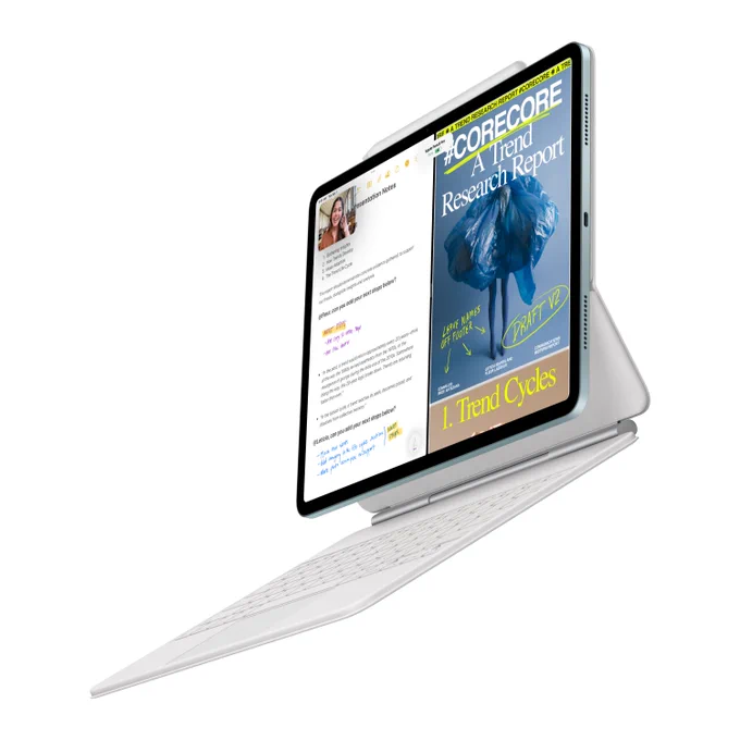 iPad Air in blue with the new Magic Keyboard displays note taking capabilities.