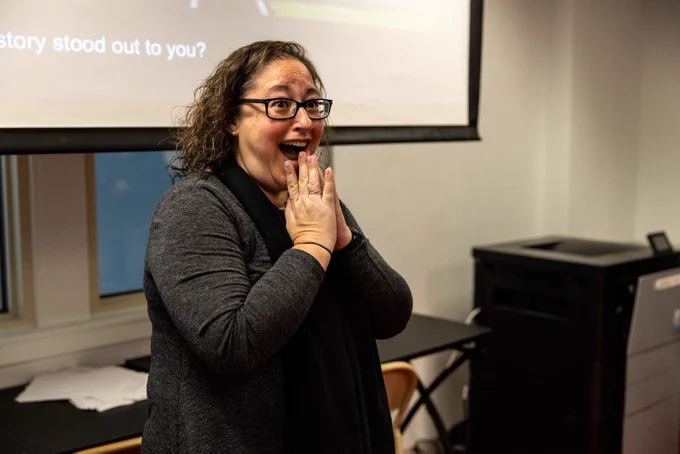 A surprised reaction from Amy Simons
