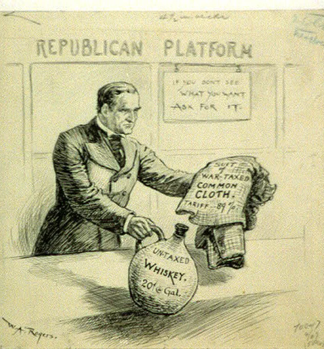 The image is a black-and-white political cartoon depicting a man in a suit standing behind a counter labeled "Republican Platform." He is holding a bottle labeled "Untaxed Whiskey, 20¢ Gal." in one hand and a piece of cloth labeled "War-Taxed Common Cloth, Tariff 84%" in the other. Above the counter, a sign reads, "If you don’t see what you want, ask for it." The cartoon, signed by W.A. Rogers, appears to satirize the Republican Party's economic policies, highlighting the disparity in taxation between luxury items like whiskey and essential goods like cloth.