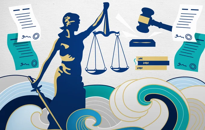 Illustration of documents in court with scales of justice and a gavel.