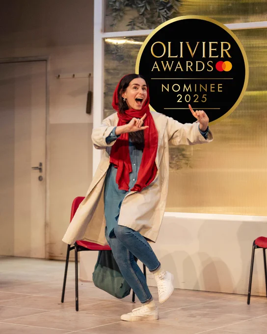 Serena Manteghi in English, with an 'Olivier Awards Nominee 2025' sticker. 