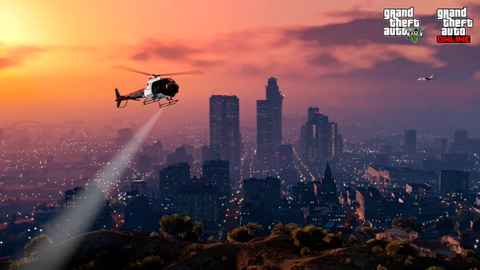 A landscape of Downtown Los Santos with a helicopter patrolling.  