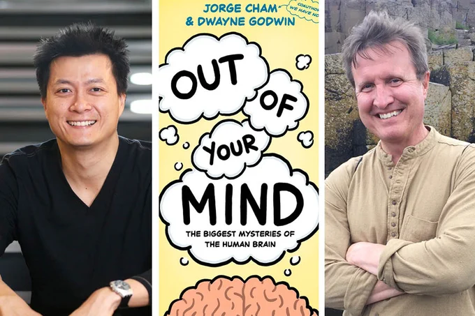 Composite photograph of a man with short black hair smiling a book cover and a photo of a man wearing a tan shirt and smiling
