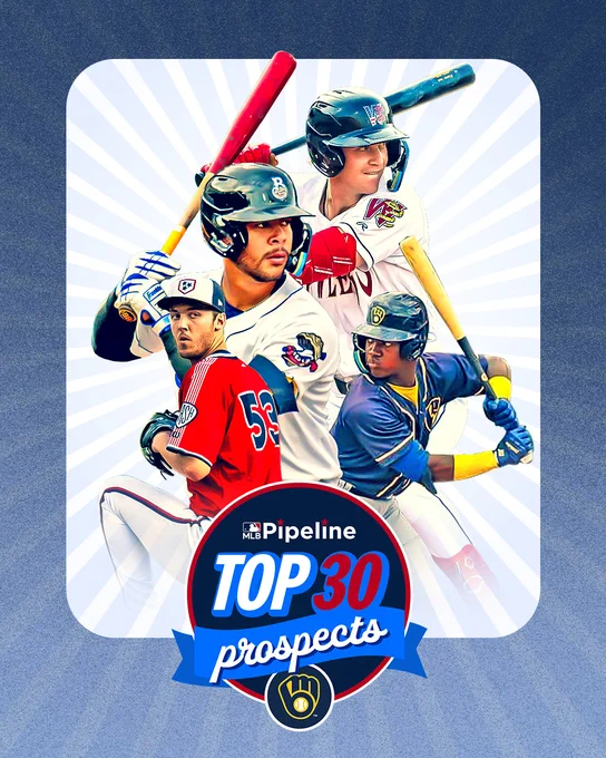 Background, light blue and navy blue with white streaks.
Foreground: Cooper Pratt, Jeferson Quero, Jacob Misiorowski and Jesus Made during game action.
MLB Pipeline "Top 30 prospects" with the Brewers logo.