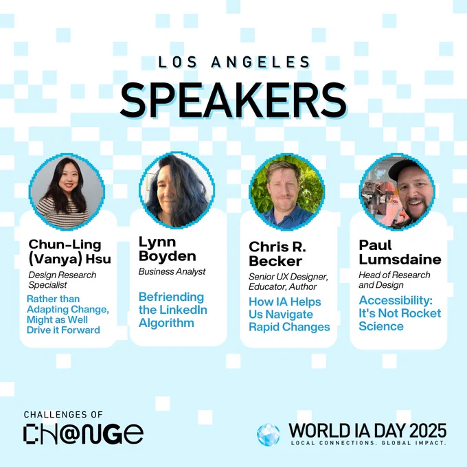 Promotional image for World IA Day 2025 in Los Angeles. Features speakers: Chun-Ling (Vanya) Hsu, Lynn Boyden, Chris R. Becker, Paul Lumsdaine. Topics include design, LinkedIn algorithm, AI, and accessibility.